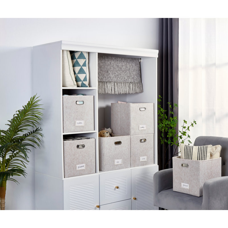 Bac de rangement pliable avec porte-étiquette et poignées en métal, 23 pte, Beige