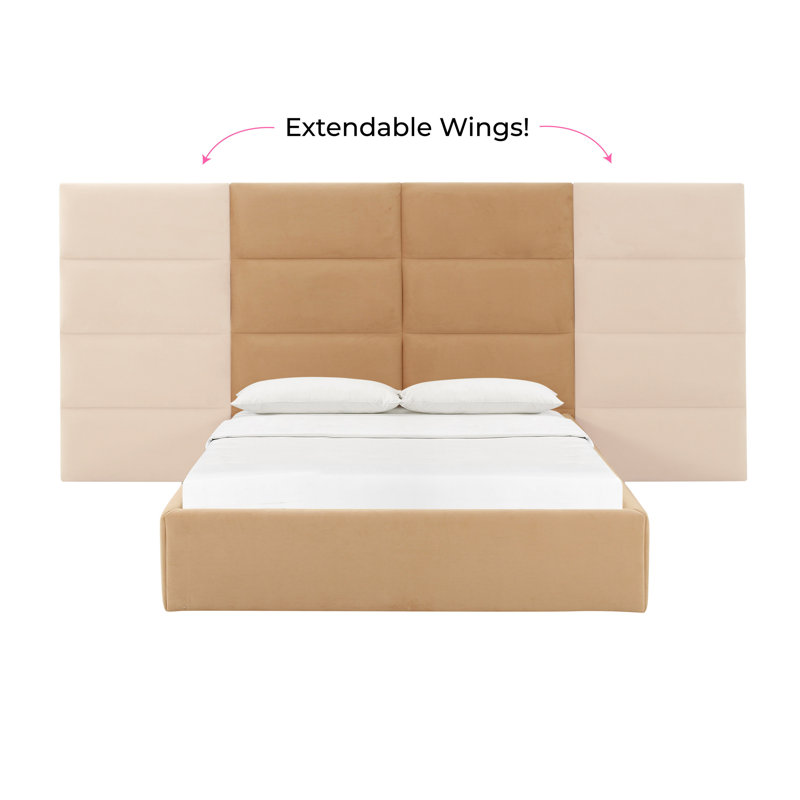 Beige Velvet Upholstered Queen Bed with Adjustable Headboard