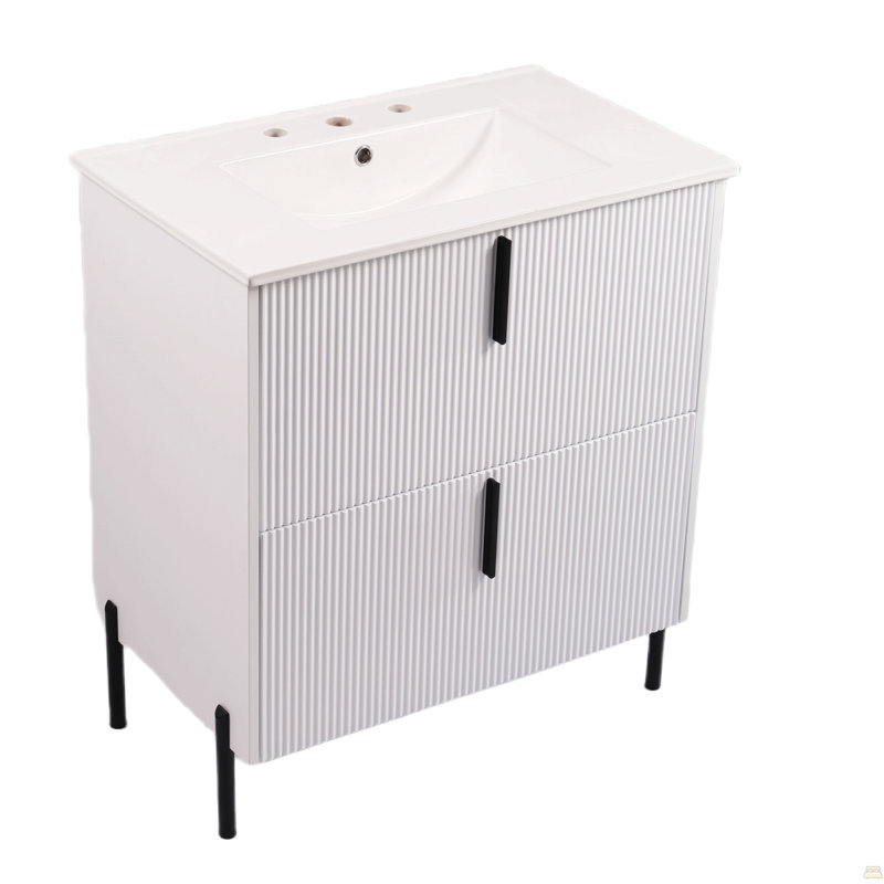 Meuble-lavabo 30 po avec lavabo en céramique et tiroirs pleine extension, glissières de tiroir encastrées à fermeture en douceur, conception cannelée, blanc