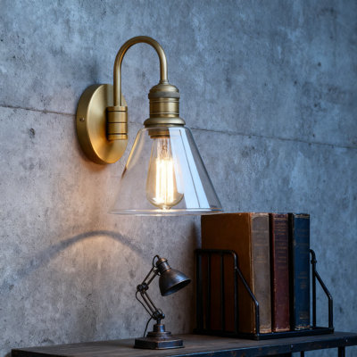 Vintage Industrial Wall Sconce With Clear Funnel Glass Shade And Gooseneck Rod - Hardwired Bathroom Vanity Lamp For Indoor Lighting