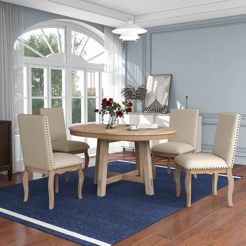 Ensemble de table de salle à manger 5 pièces avec table ronde extensible et chaises rembourrées, bois naturel délavé, élégant et fonctionnel