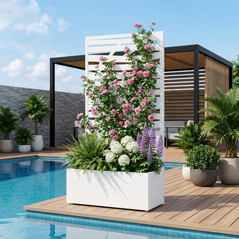 Boîte à fleurs en métal avec treillis, H 59 po x l 30 po x P 12 po, Blanc