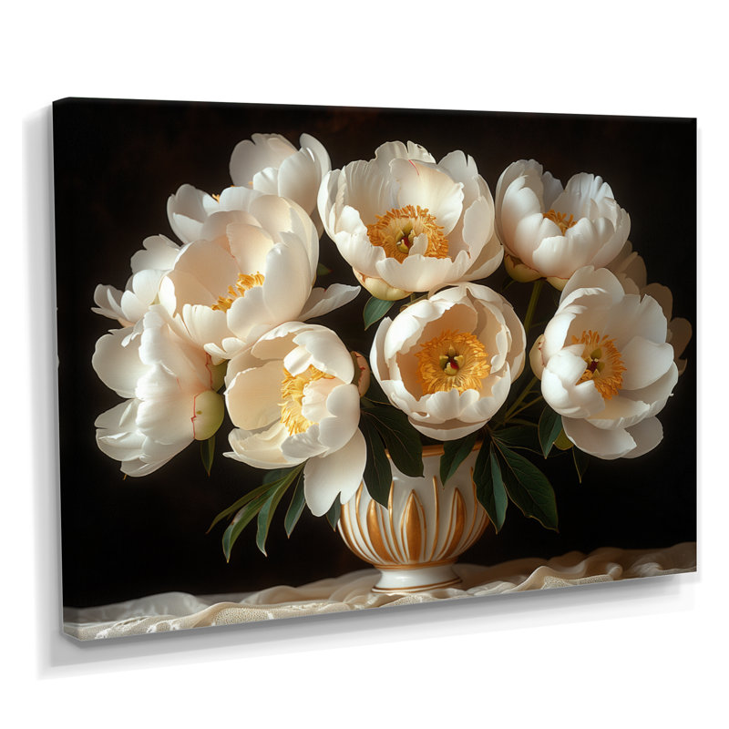 Transparent, pivoines blanches et dorées II - art mural pivoines, Toile tendue, H 24 po x l 32 po