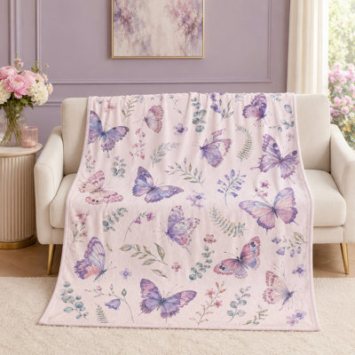 Jeté en flanelle papillon rosé, lavande aquarelle et ailes bleues avec branches botaniques pour canapé, lit, chaise de lecture et utilisation quotidienne, Blush