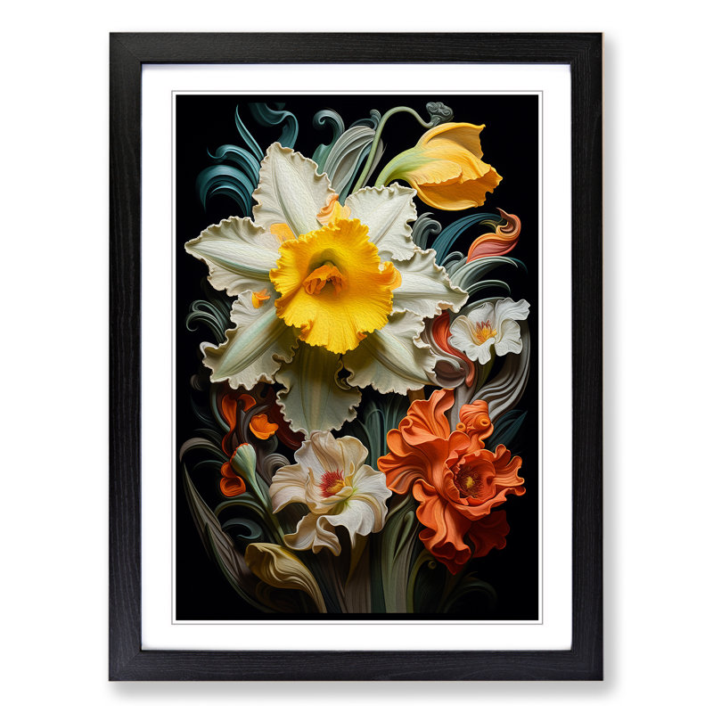 Daffodil Flower Baroque - Single Picture Frame Print on Wood, 46cm H x 34cm W, Black Framed