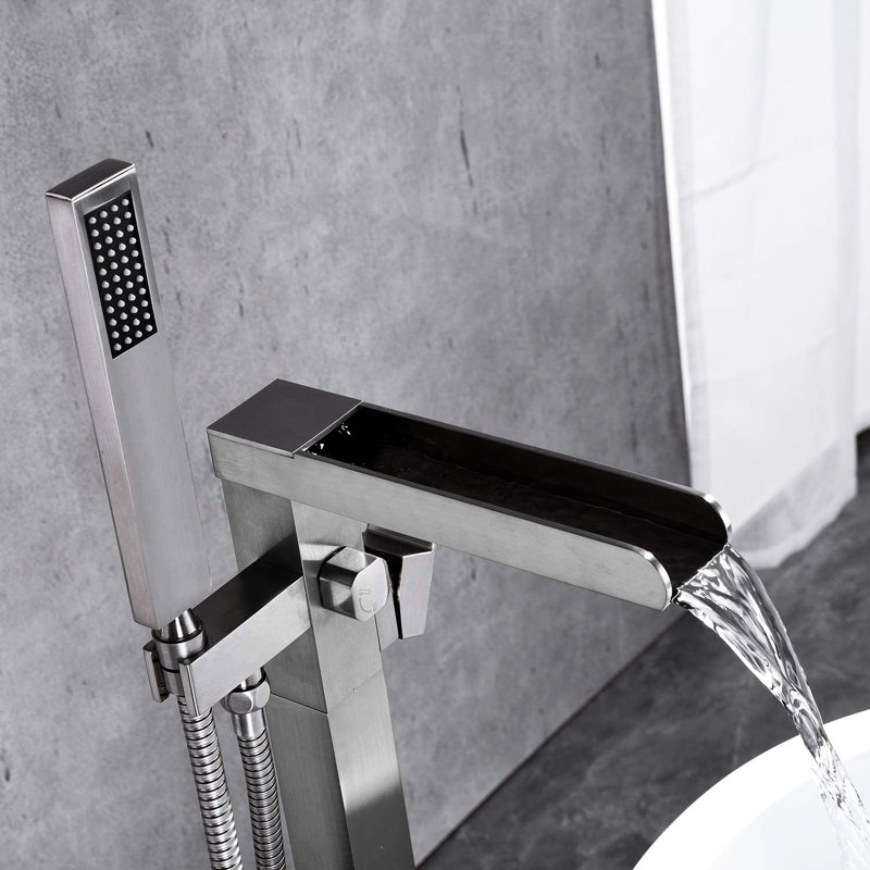Waterfall Tub Filler With Hand Shower For Bathroom - Brushed Nickel Floor Mount, Corrosion Design Modern Mount Spout And Nickel, Rust Fixture