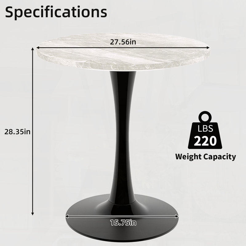 Table basse ronde à effet marbre 27,6 po avec plateau veiné blanc et piédestal noir - style nordique, Blanc, Noir