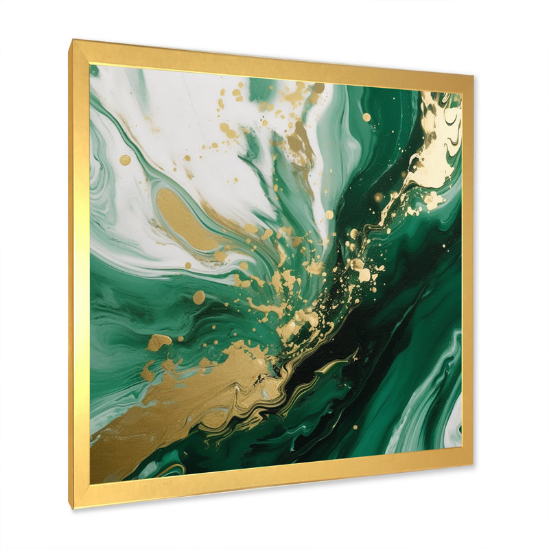 Vert et or Serene Cascade III - art mural abstrait, Cadre photo doré, H 24 po x l 24 po x P 1 po