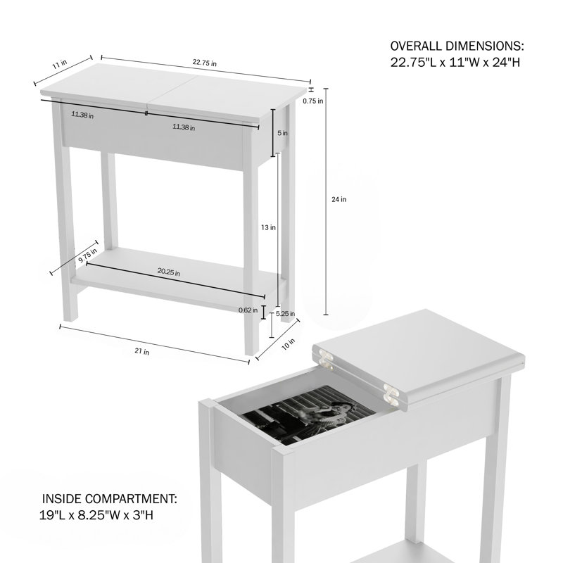 Danay Flip-Top End Table - Slim Side Console with Hidden Hinged Storage Compartment and Lower Shelf - For Living Room or Hallway Use