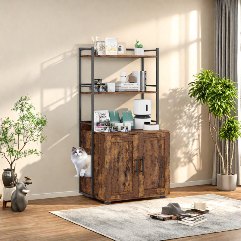 Cat Litter Box Enclosure With Shelf Storage, 2-in-1 Hidden Cat Washroom Furniture, Brown