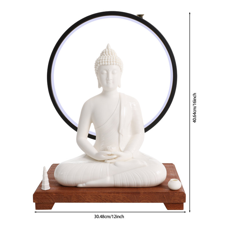Ceramic Buddha Statue And LED Circle Table Lamp For Home Décor, White