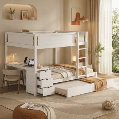 Full-Over-Full Bunk Bed With Twin Size Trundle, Storage And Desk with 2 USB and two three-hole plugs