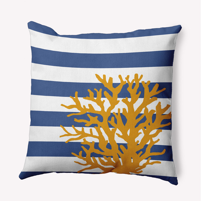 Coussin intérieur / extérieur Leafy Branch, H 20 po x l 20 po, Bleu / blanc / jaune rayé