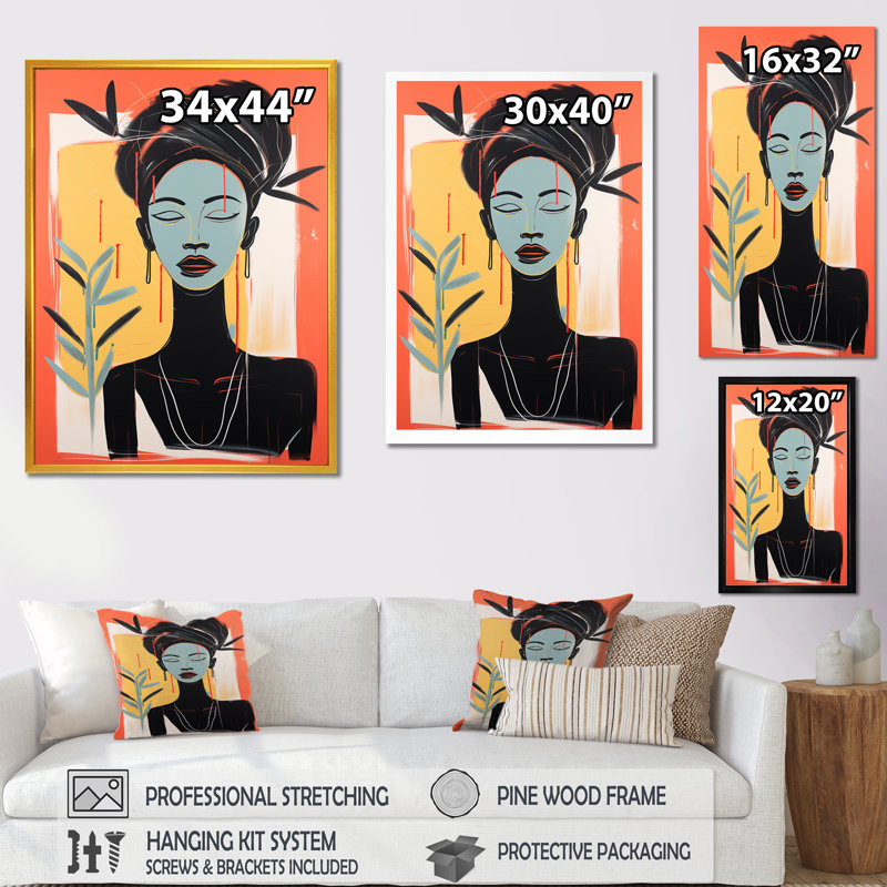 "Portrait d'art africain traditionnel noir et rose II", Cadre simple noir, H 44 po x l 34 po x P 1,5 po