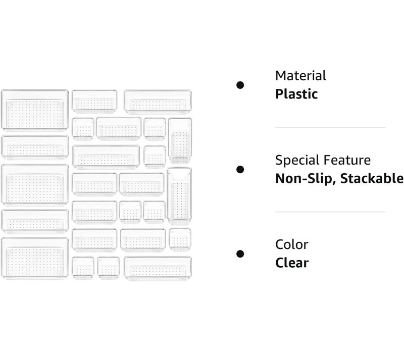 25 Pcs Clear Plastic Drawer Organizers Set