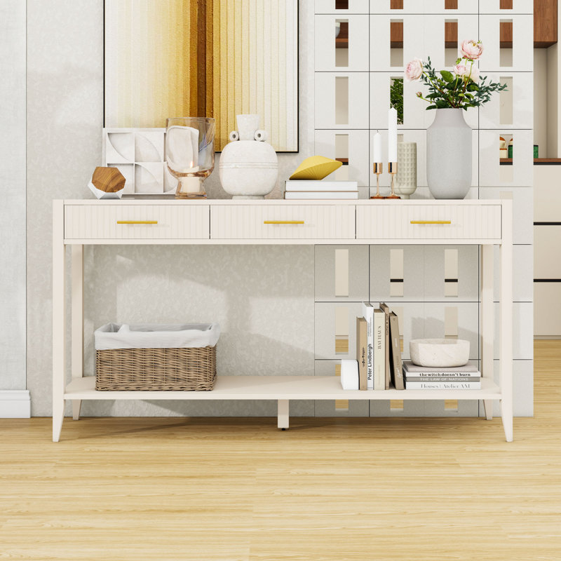 Console en bois avec 3 tiroirs et tablette de rangement, Beige