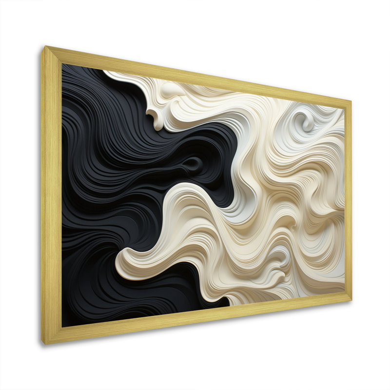 Noir blanc opt art contrastant des vagues - art mural Op Art, H 16 po x l 32 po, Cadre photo unique, Doré