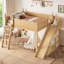 Lit mezzanine double avec tablettes de rangement et armoire, lit mezzanine pour enfants en bois massif avec échelle et échelle détachables, naturel-1735489244-1735489245