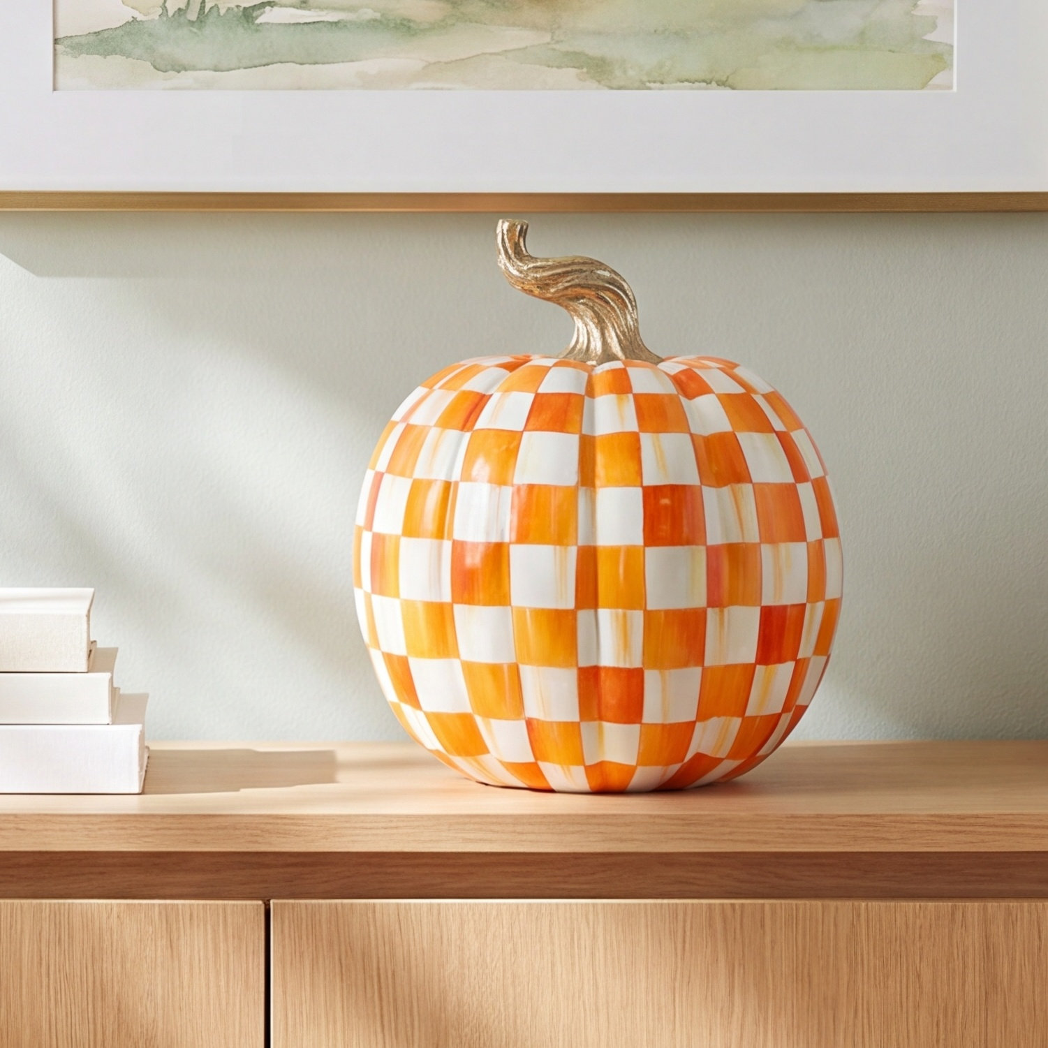 Check Pumpkin Holiday Accent, 15" H x 12" W x 12" D, Orange/White/Gold