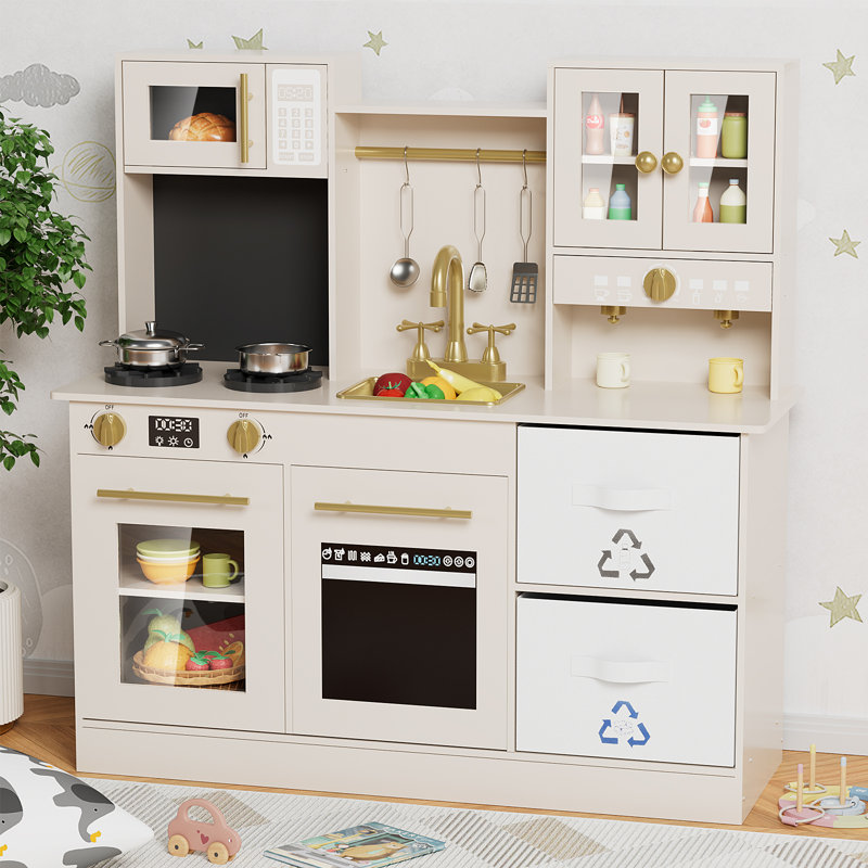 Play Kitchen for Kids, Wooden Toy with Stove That Lights/Sounds When Pan Detected, Includes Disinfection Cabinet, 2 Fabric Boxes & Stainless Cookware(beige)