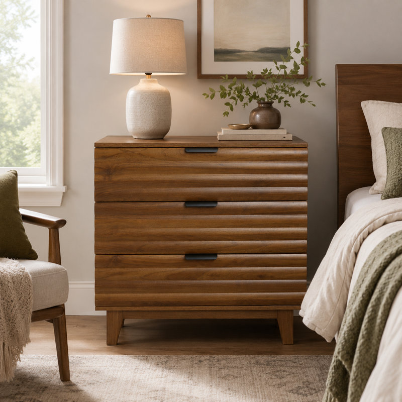 Commode 3 tiroirs avec façades de tiroir cannelées et poignées en métal, brun noyer