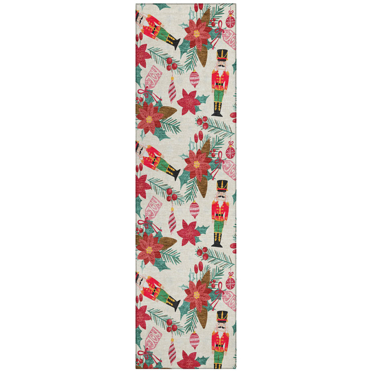 Machine Washable Indoor/Outdoor Christmas Nutcracker Xhevrie Ivory Rug