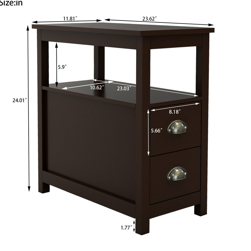 Table à deux tiroirs et tablette ouverte en brun. Espace de rangement généreux, fabrication en bois de pin massif E1, bureau peint, table de chevet étroite à assemblage simple avec tiroirs, suffisamment de pin,