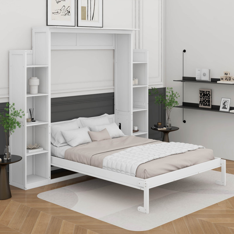 Grand lit escamotable avec tablettes et DEL, Blanc