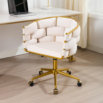 Vanity Chair with Gold Base, Velvet Hand Woven Desk Office Chair with Wheels, Comfy Makeup Chair by Mercer41