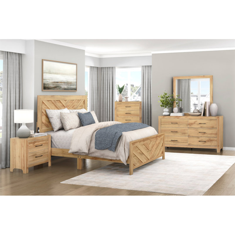 Mobilier de chambre rustique en bois à motif chevron de très grand lit à finition naturelle 1pc, Très grand lit