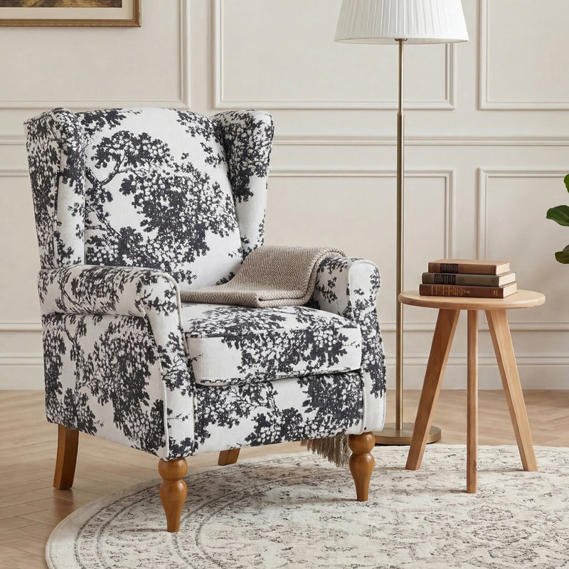 Ensemble 2 pièces de fauteuil d'appoint à oreilles et de table d'appoint ronde en bois d'hévéa, Floral