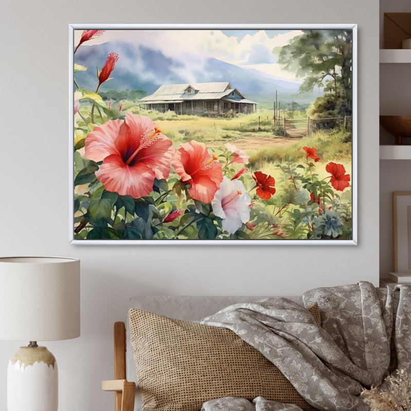 «Pink Green Hibiscus Harmony I» sur toile, H 12 po x l 20 po x P 1,5 po, Cadre flottant blanc