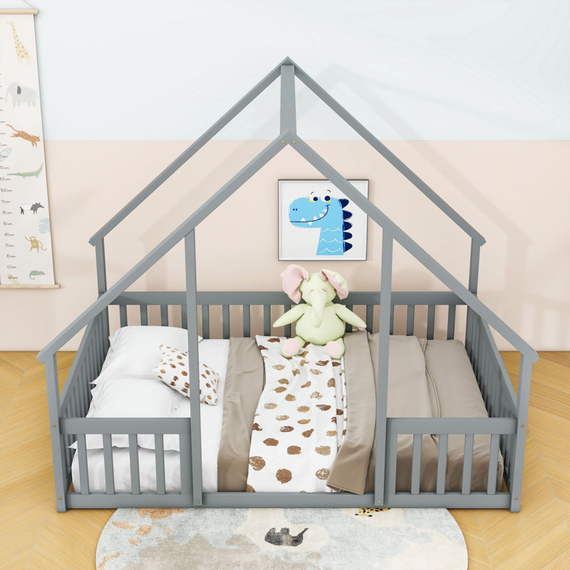 Wood House-Shaped Floor Bed With Guardrails, Gray, Full