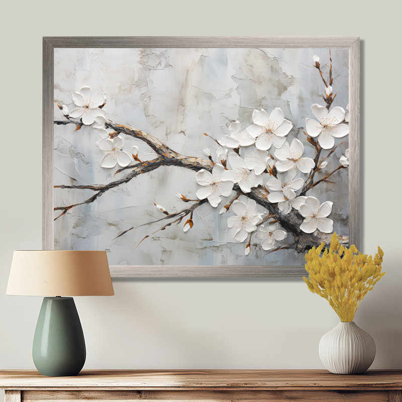 Minimalisme blanc et gris cerisier en fleurs - art mural cerisier en fleurs pour le salon, H 12 po x l 20 po x P 1 po