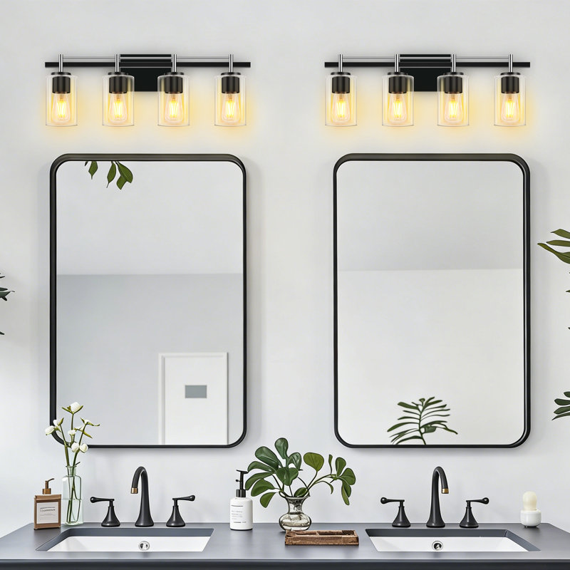 4 - Light Vanity Light With Clear Glass Shade For Bathroom, Bedroom, Hallway, Staircase, Matte Black/Silver, 4 Lights