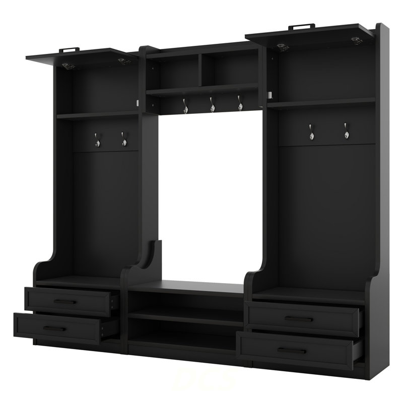 4-In-1 Detachable Hall Tree With Storage And 7 Hooks, Multiple Functions Hallway Coat Rack With Storage Drawers And Cabinet, Black Shoe Bench For Entryway Hallway, Shoe Storage