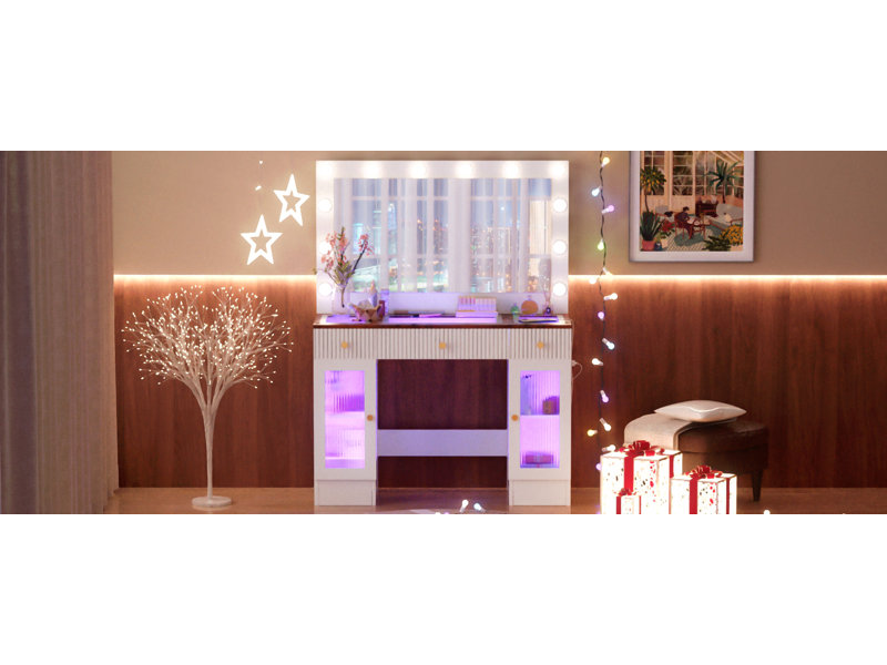 Meuble-lavabo de 43,3 po avec grand miroir et ampoules Hollywood
