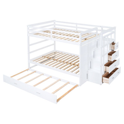 Full Over Bunk Bed With Staircase And Trundle, White Finish, Pine Frame, High - Quality Construction, Suitable For Sleepovers Bed, Trundle Staircase, Space Efficient, Solid Wood, Enhances Bedroom