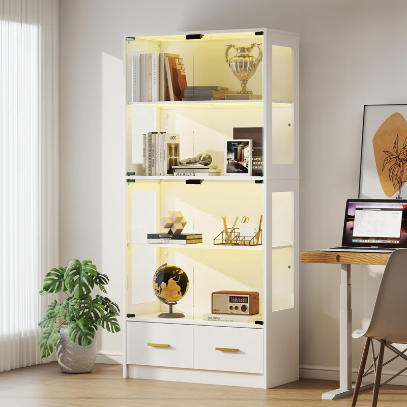 "5-Tier Tempered Glass Display Cabinet with LED Lights, Curio Cabinet with Adjustable Shelves for Home & Office, White