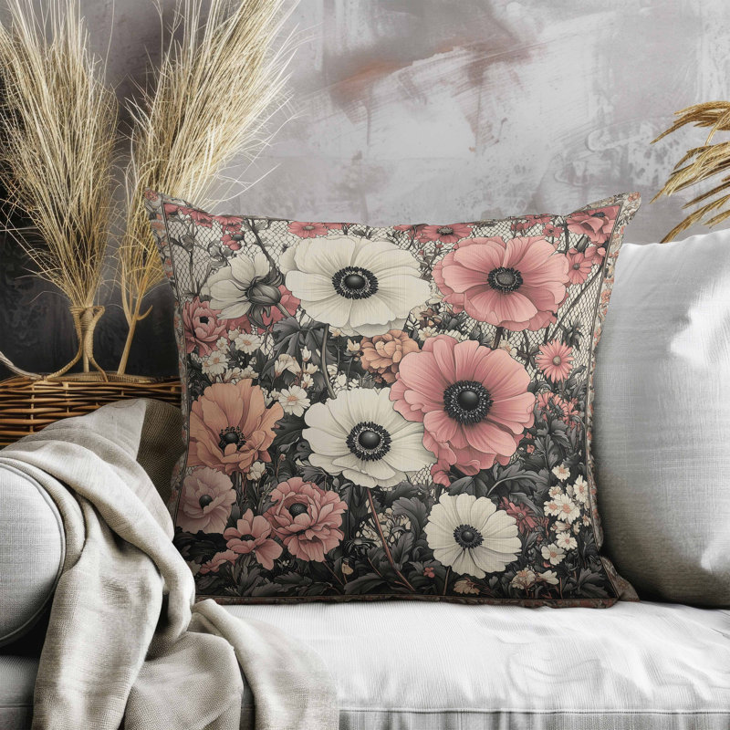 Floral Array Faux Suede Pillow, Pink/Gray, Square 18"