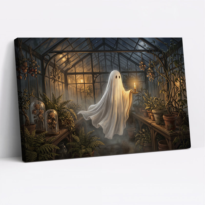 Toile fantôme tenant une bougie dans une serre en verre au clair de lune, art mural d'Halloween, 20"H x 30"W