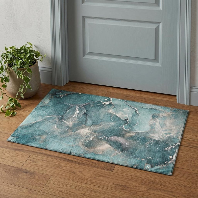 3' X 5' Teal And Ivory Abstract Washable Area Rug With UV Protection