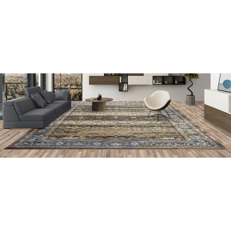 Tapis oriental en laine noué à la main brun / bleu / vert, Rectangle 9 pi x 12 pi