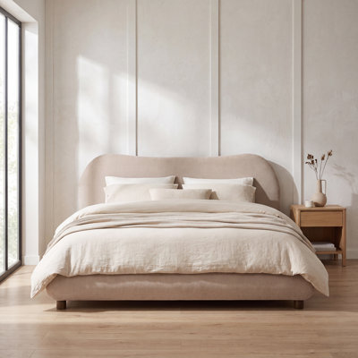 Mallow Upholstered Queen Bed Frame with Curved Headboard and Solid Wood Leg