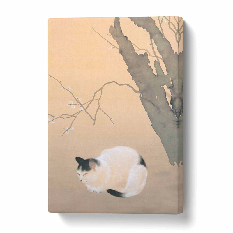 Cat & Plum Blossoms - Wrapped Canvas Painting, 76 cm H x 50 cm W