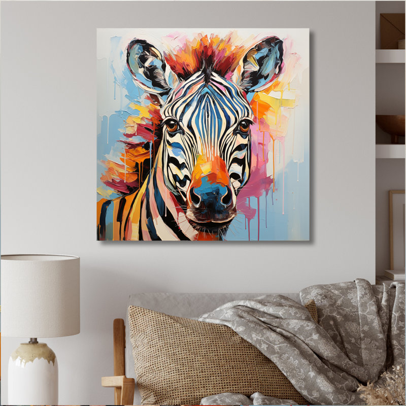 Zèbre coloré et rayures expressionnistes I - art mural zèbre, H 30 po x l 30 po x P 1 po