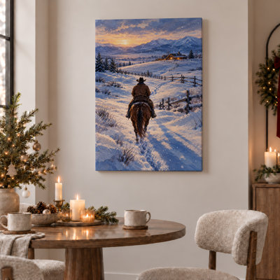 «Cowboy on Horse In Snowy Mountain Sunset», art mural sur toile