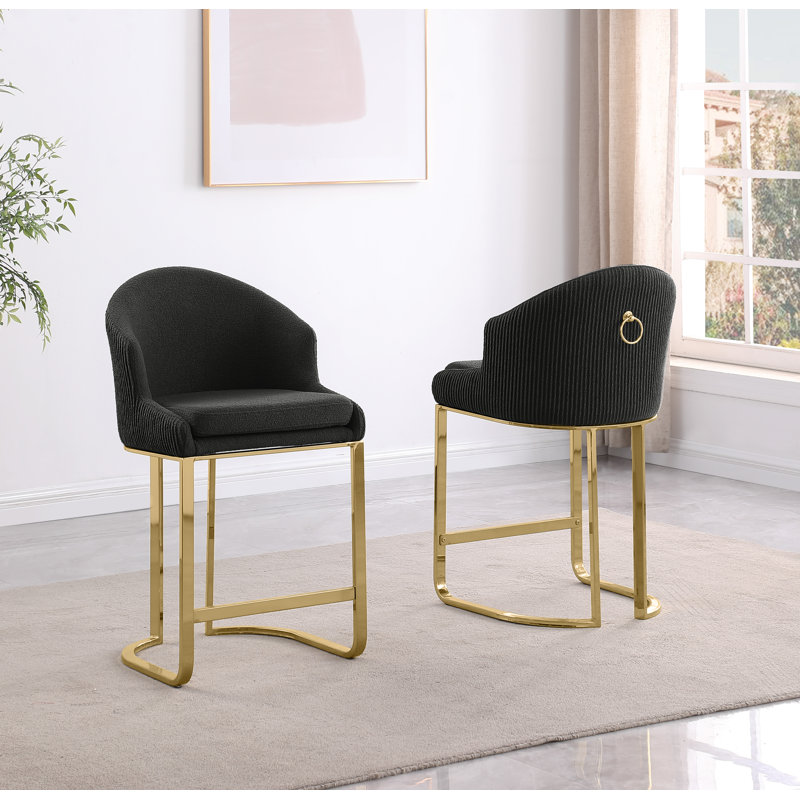 Tabourets de bar et de comptoir en tissu imitation fourrure avec dossier plissé, Noir, Doré
