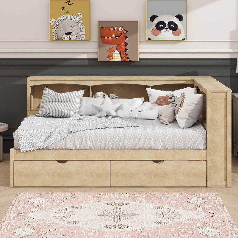 Lit simple avec deux commodes de rangement intégrées et port USB, Bois