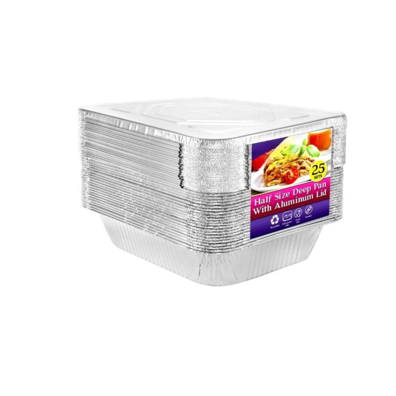  Demi-casserole profonde en aluminium avec couvercle en aluminium - jetable pour la restauration, les buffets, les plats à frire, le rôtissage, la cuisson, la cuisson à la vapeur, la préparation des repas, le rangement du congélateur, les mets à emporter et les services alimentaires (100)